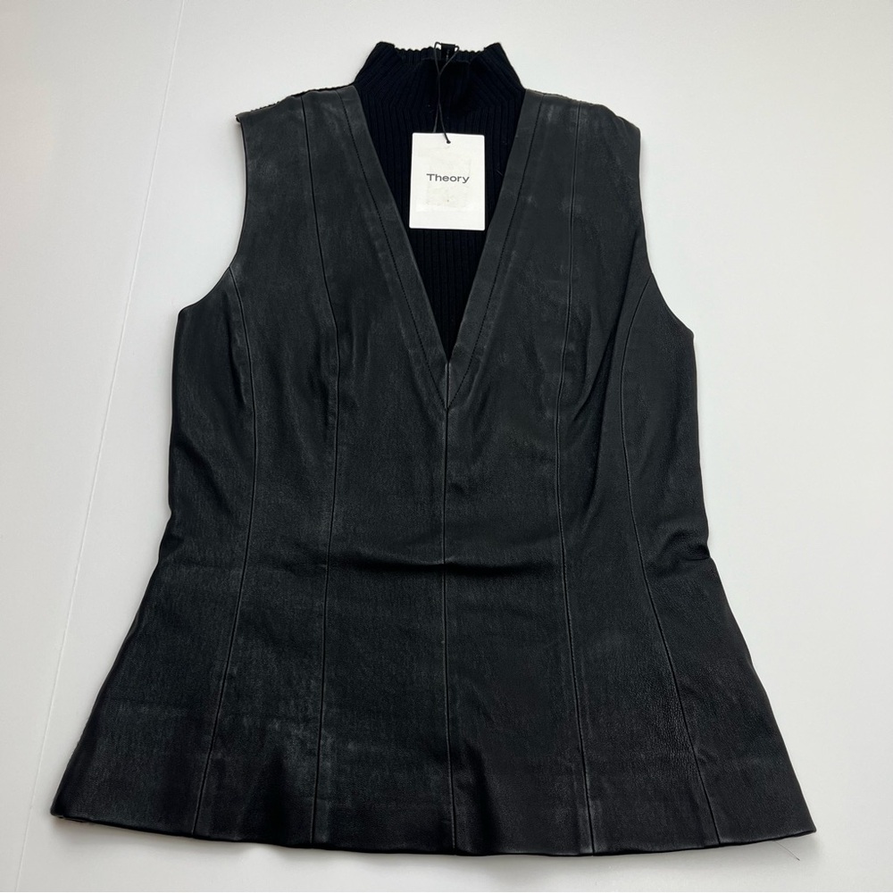 Theory Urban ST Lamb Leather Sleeveless Ribbed Top Womens Size Small Black NEW‎ - Picture 2 of 10